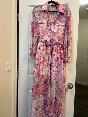Generation Love Floral Maxi Dress Belted Button Front Pink Size 10
